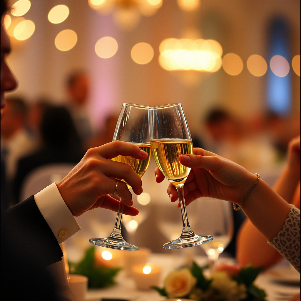 2 glasses clinking at a wedding reception
