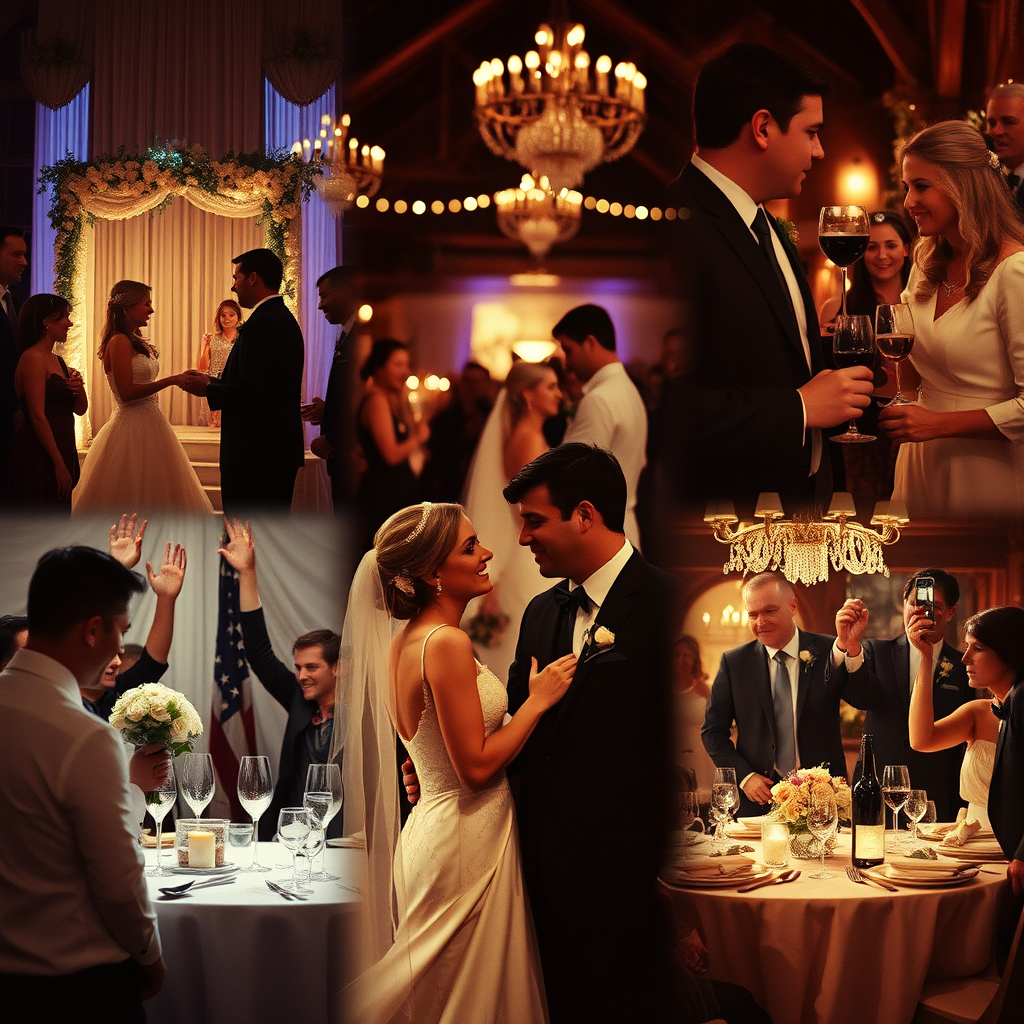 a collage or artistic image showcasing key moments of a wedding day including the ceremony, drinks reception, meal, and party celebration