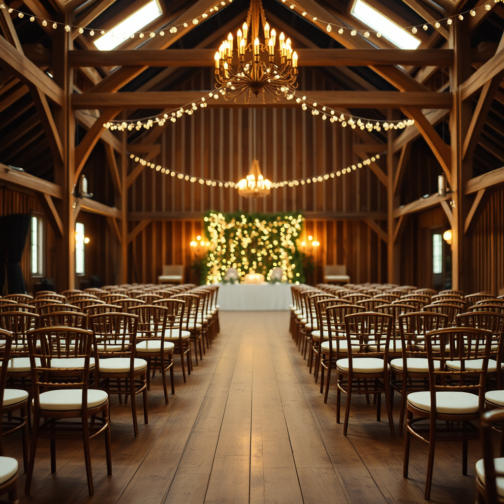 empty seats in a stunning barn wedding reception