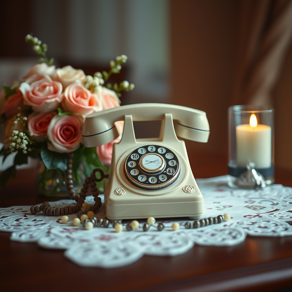 romantic old phone on a table with wedding decor