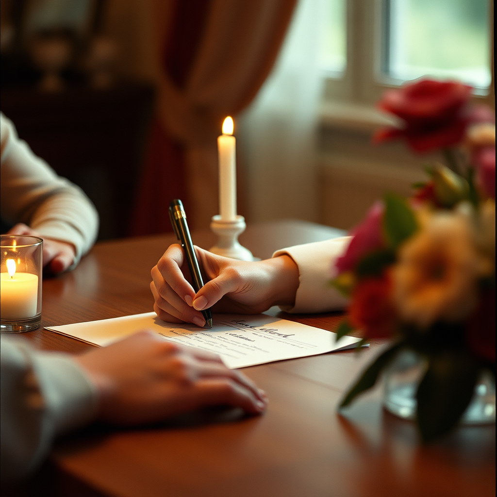 someone handwriting a review at a table with flowers or a candle