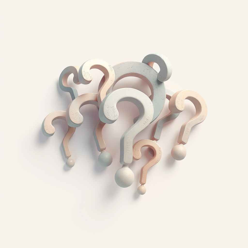 a symbolic representation of questions, such as a cluster of question marks in a soft, elegant style