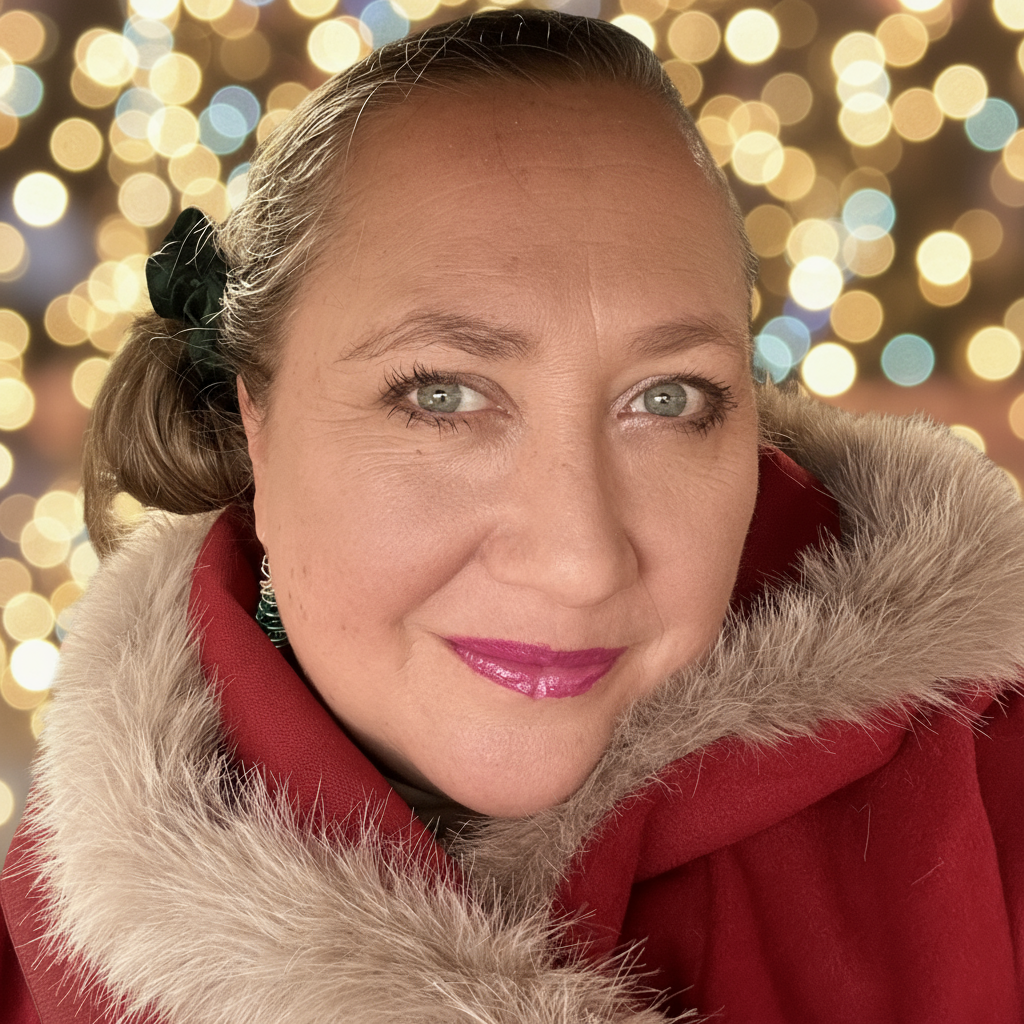 Keep the person in the red Christmas coat untouched, but remove the background and replace it with soft, twinkly winter lights. Make it look festive as if at an outdoor winter performance.