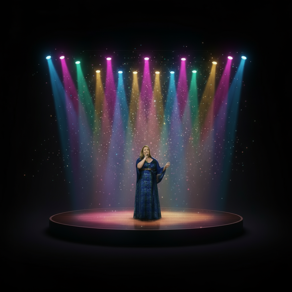 Show just me on a smaller stage with fabulous lighting, but make me appear larger and closer (more zoomed in), with no one else in the image and the same themed night event atmosphere.