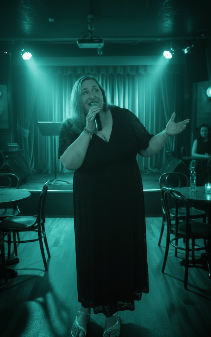 Trim the waistline slightly for a more flattering look while maintaining authenticity. The scene should remain as a vintage jazz club with a vibrant touch of teal.