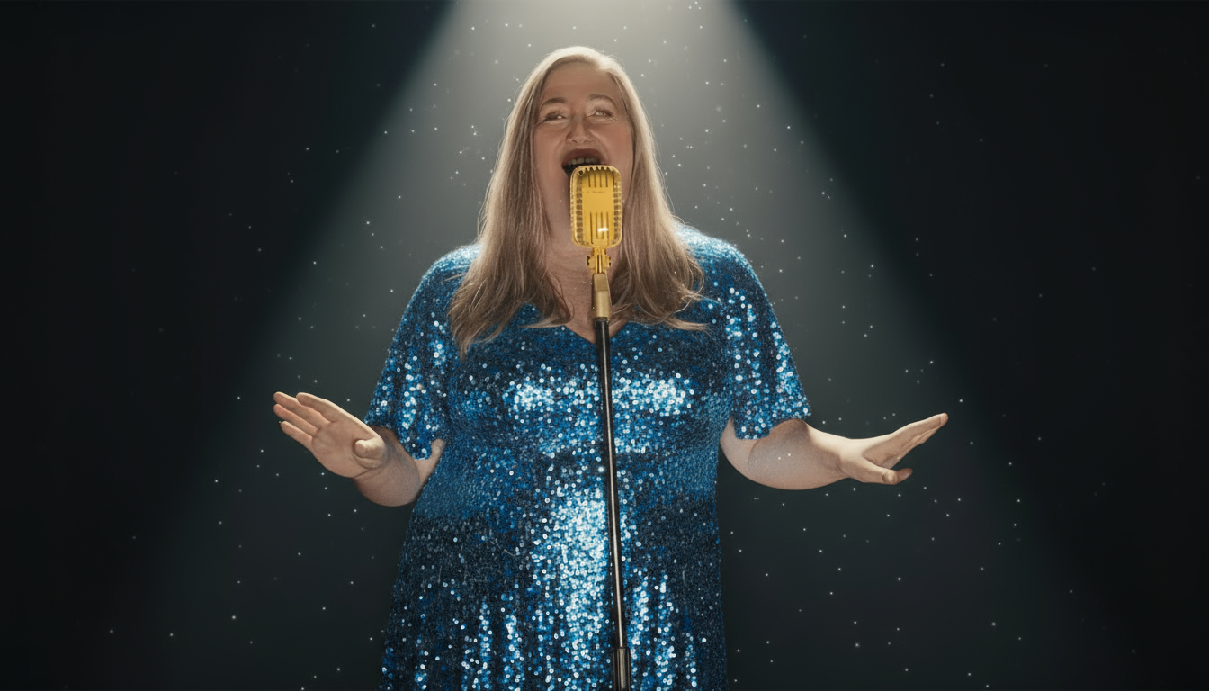 Change the dress color in the image to a sparkly blue while keeping the image exactly as it is otherwise.