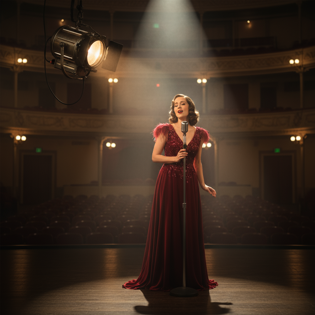 female stage and screen singing performer under vintage spotlight