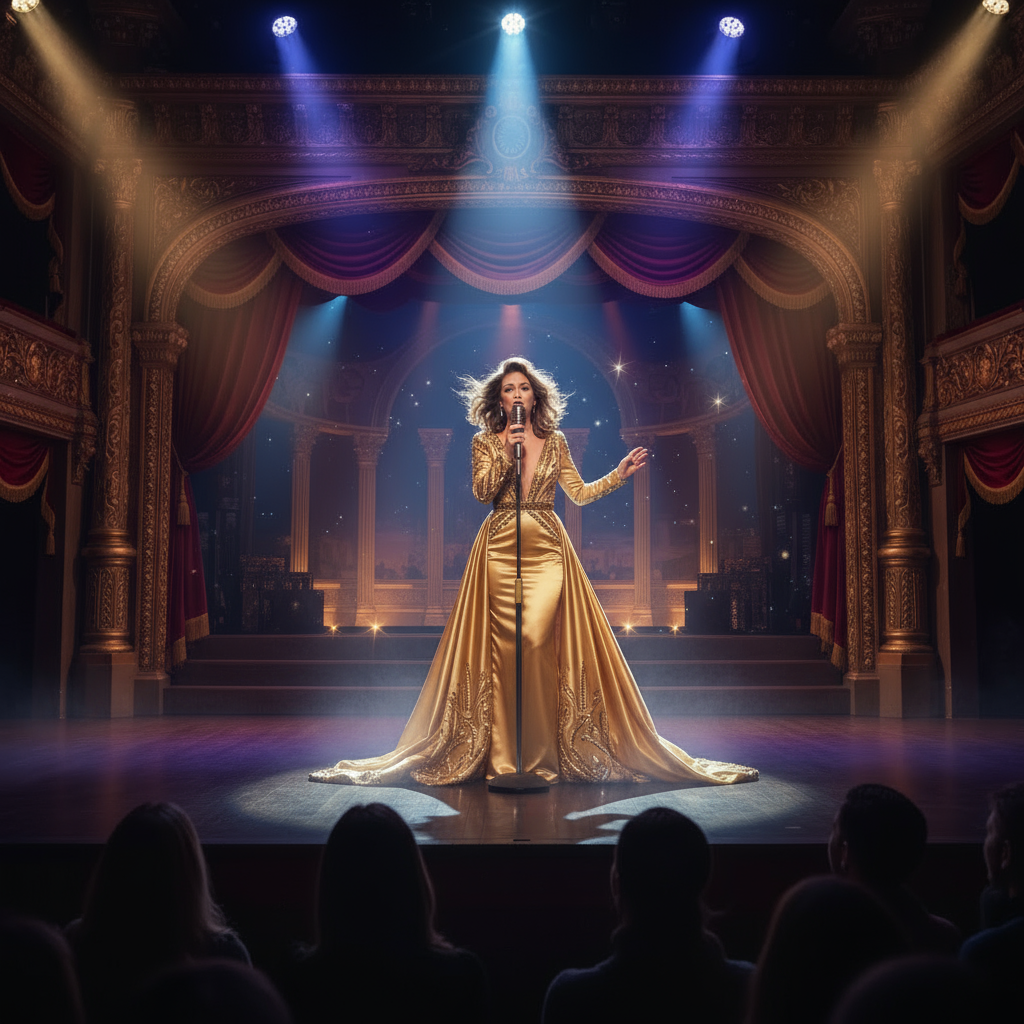 Update the female singer's dress to something glamorous and elegant in a vintage Hollywood style. The dress should reflect sophisticated stage glamour, appropriate for an iconic performance.