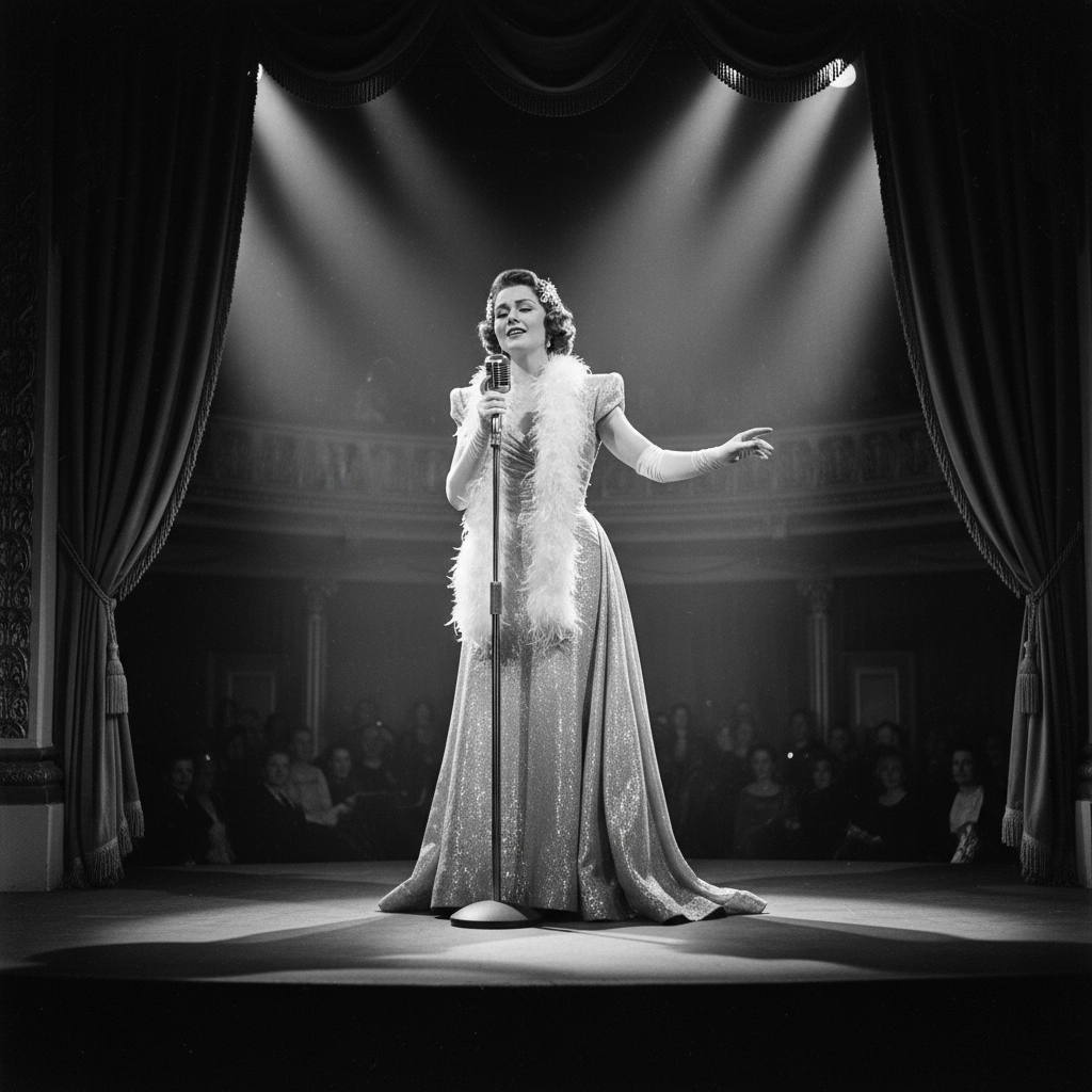 vintage Hollywood style photograph featuring a glamorous female singer on stage, elegant 1940s attire, dramatic lighting, classic microphone, sophisticated atmosphere